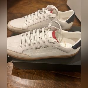 Yves Saint Laurent White Leather Athletic Sneakers with Red and Black Accents